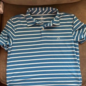 Southern Tide collared shirt. Blue, gray and white striped.